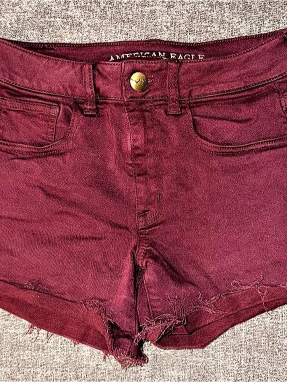American Eagle Hi-Rise Shortie Denim Cutoff Shorts Waist 2 Burgundy